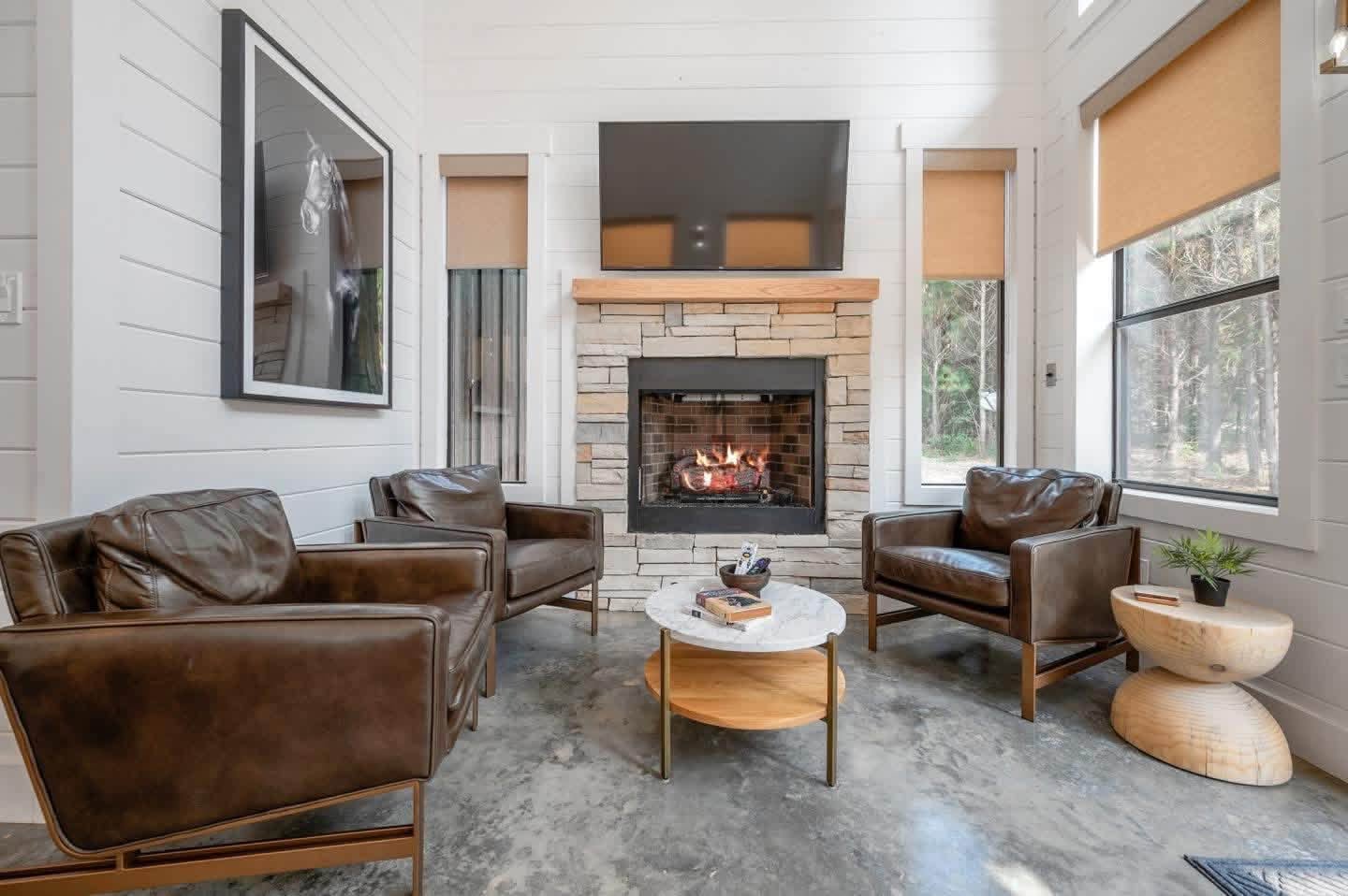 Stone Fireplace and Living Room Staging